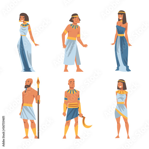 Egyptian Man and Woman Character Wearing Authentic Garment and Necklace Vector Set