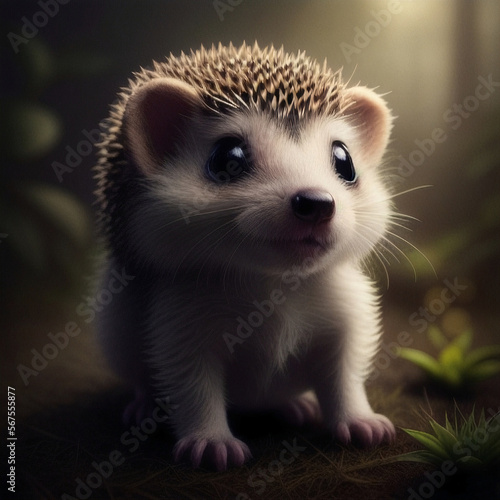 a small hedgehog sitting on a forest floor with a light shining on it's face and eyes, ai generated photo
