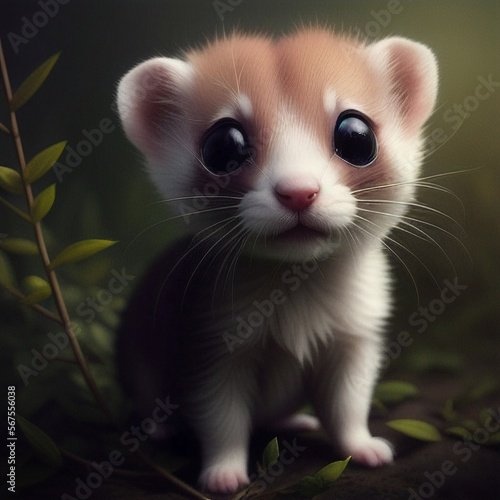 a small ferret with a big  eyes sitting in the grass with flowers in the background  big cute eyes. ai generated