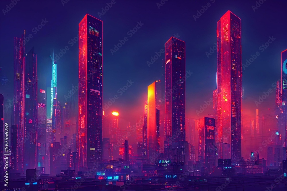 crowded tall buildings in a cyberpunk style city at night with ...