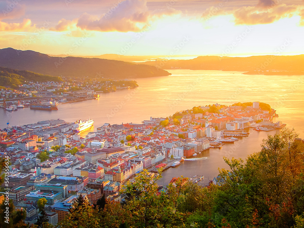 Dramatic sunset view of Bergen from Floyen mountain, Norway