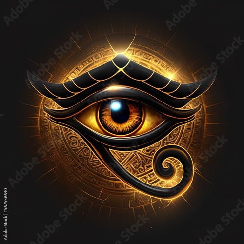 Generative AI the golden eye of horus with golden effect on black background, Representation of the solar eye or the Eye of Ra, symbol of the ancient Egyptian god of the sun