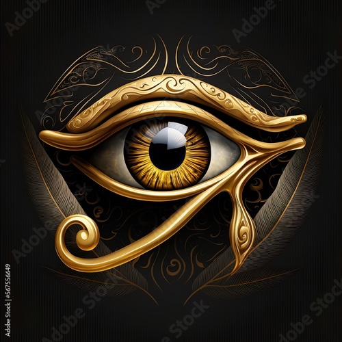 Generative AI the golden eye of horus with golden effect on black background, Representation of the solar eye or the Eye of Ra, symbol of the ancient Egyptian god of the sun photo