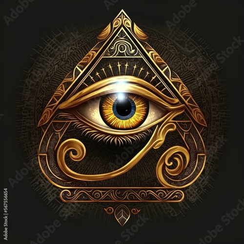 Generative AI the golden eye of horus with golden effect on black background, Representation of the solar eye or the Eye of Ra, symbol of the ancient Egyptian god of the sun photo