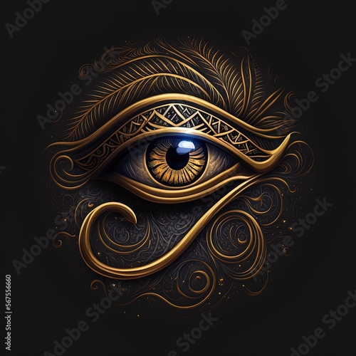 Generative AI the golden eye of horus with golden effect on black background, Representation of the solar eye or the Eye of Ra, symbol of the ancient Egyptian god of the sun