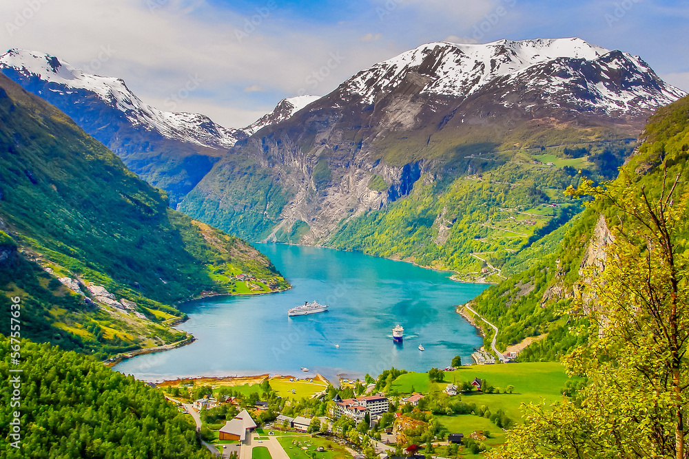 Above idyllic Geiranger fjord dramatic landscape, Norway