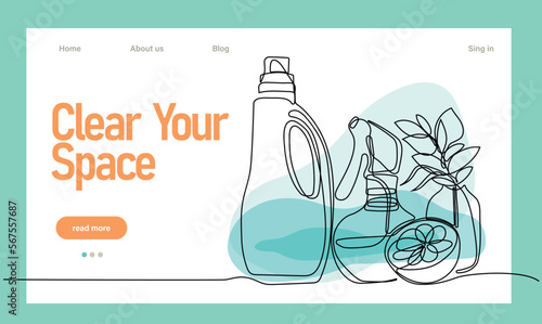 Home cleaning service landing page design concept, illustration of janitors with cleaning tools. Vector illustration