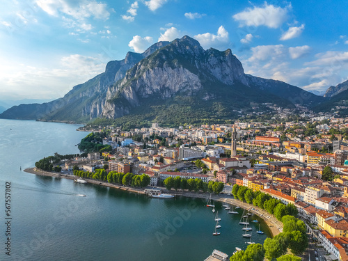 Aerial view of Lecco city in the southeastern shore of Lake Como  in northern Italy.