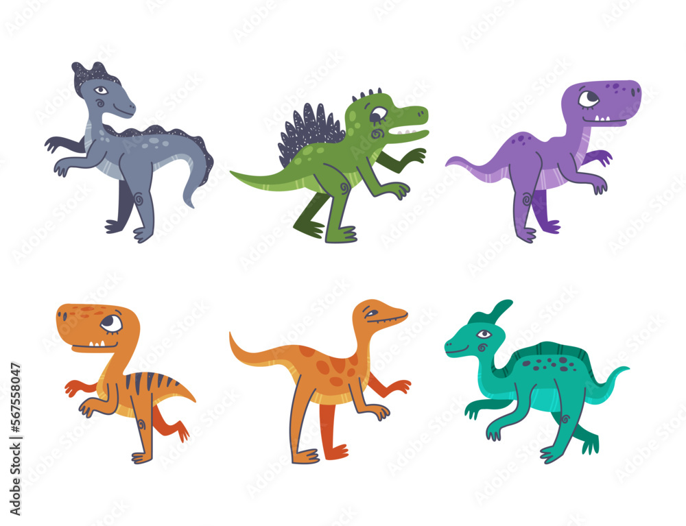 Funny Dinosaur as Cute Prehistoric Creature and Comic Jurassic Predator Vector Set