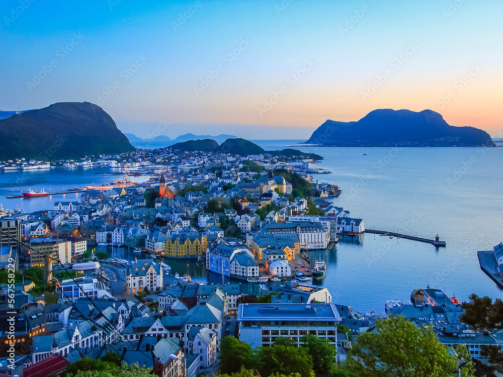 Alesund Art Nouveau Cityscape and bay at sunset from above, Norway