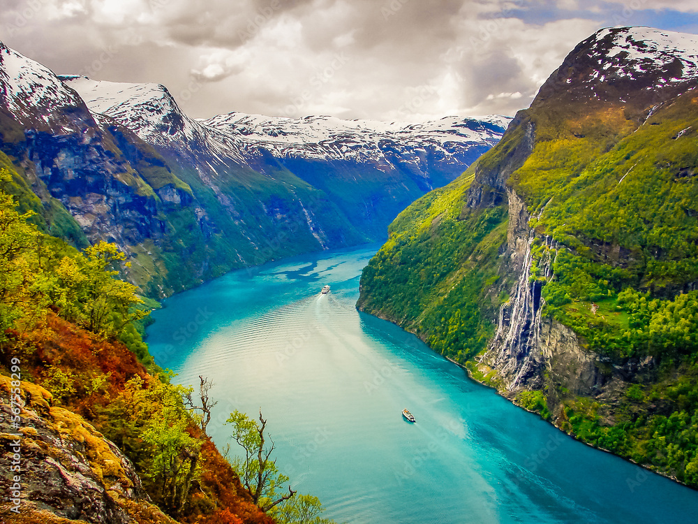 Above idyllic Geiranger fjord dramatic landscape, Norway