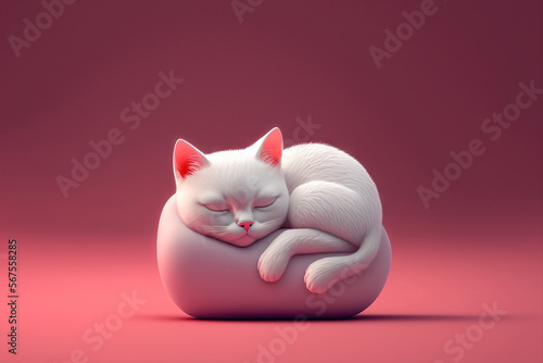Cute white kitten in a sleeping stance with a pink background. Shape of a floating crimson heart. I adore you, good night, pleasant dreams, and lazy days. Cartoon card, minimal stylised art style
