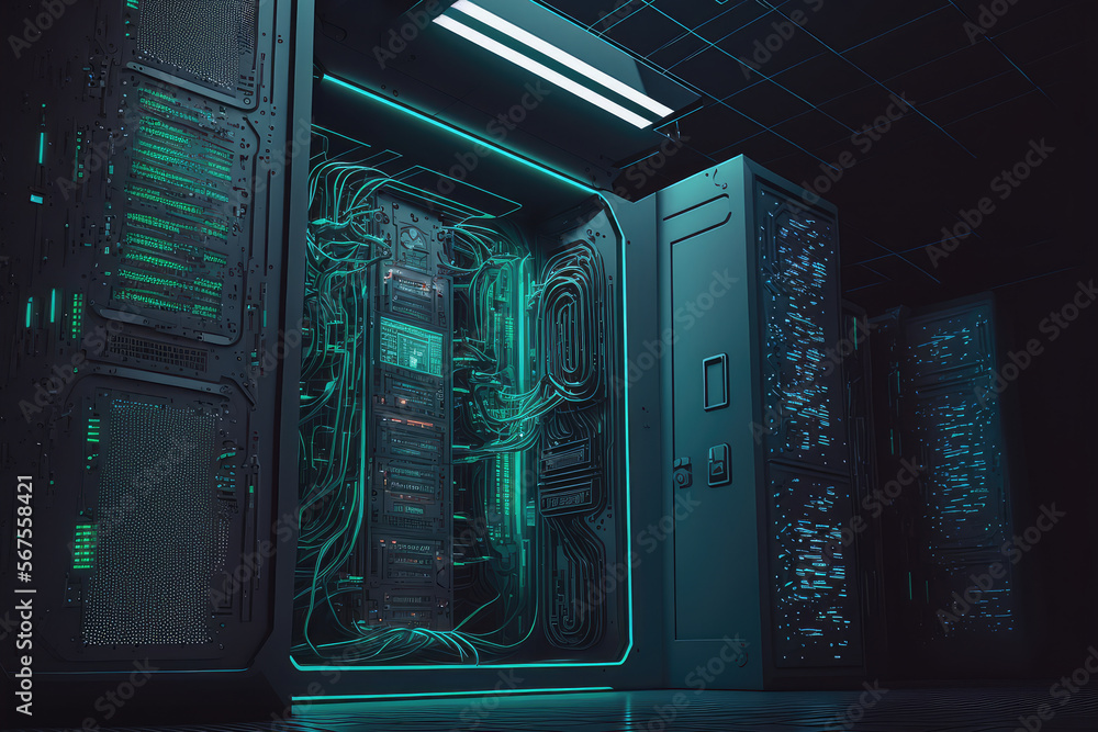 3D illustration of a futuristic server room with node base programming, generative ai 3D illustration of a futuristic server room with node base programming, generative ai