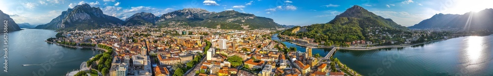 Aerial view of Lecco city in the southeastern shore of Lake Como, in northern Italy.