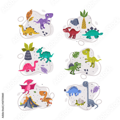 Funny Dinosaur as Cute Prehistoric Creature and Comic Jurassic Predator Vector Composition Set