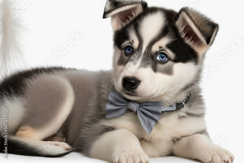 Cute shepherd husky mix puppy lying on a blanket while wearing a bow tie. Generative AI