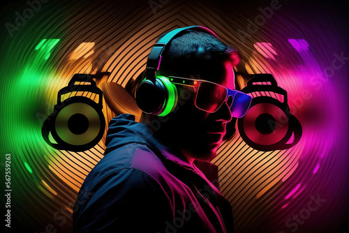 Man with glasses and headphones colorful. Generative AI.
