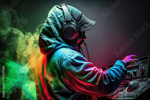 DJ with headphones on turntable colorful lighting. Generative AI.