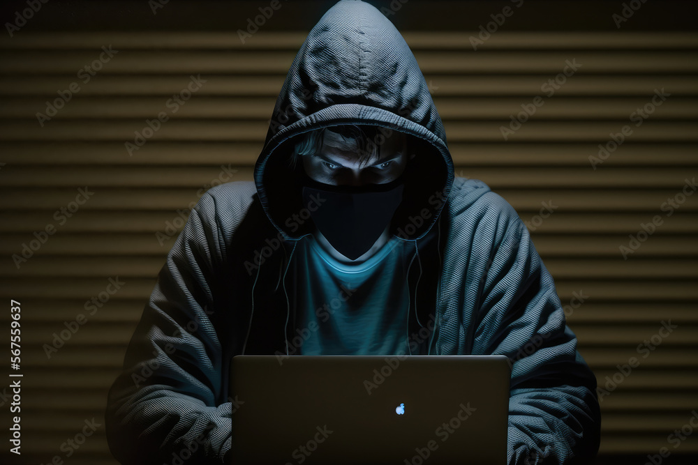 Hacker in a hoodie and mask, typing rapidly on a laptop in a dimly lit room, generative ai Hacker in a hoodie and mask, typing rapidly on a laptop in a dimly lit room, generative ai