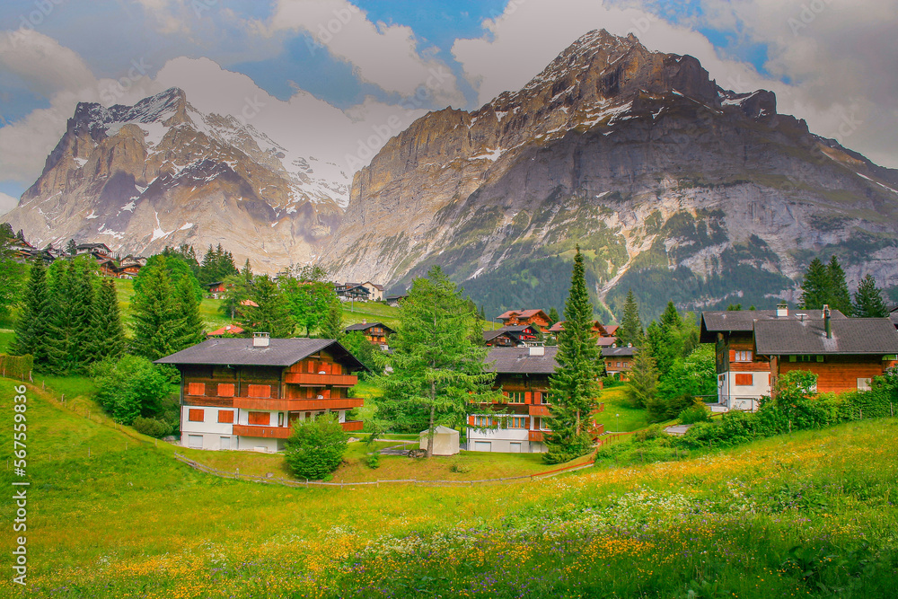 Grindelwald alpine village near Interlaken in the canton of Bern, Swiss alps