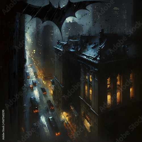 Fotografia Batman Convex roof view down of New York City at night rain canvas oil paint abs
