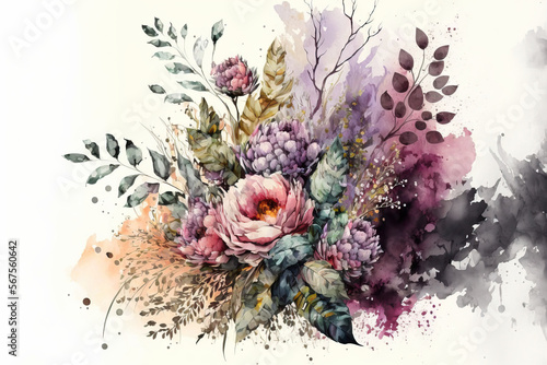 Cold scale watercolor composition. floral bouquet. Generative AI