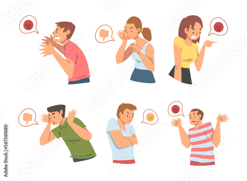Young Angry Man and Woman Character Expressing Discontent in Social Media with Furious Face Vector Set