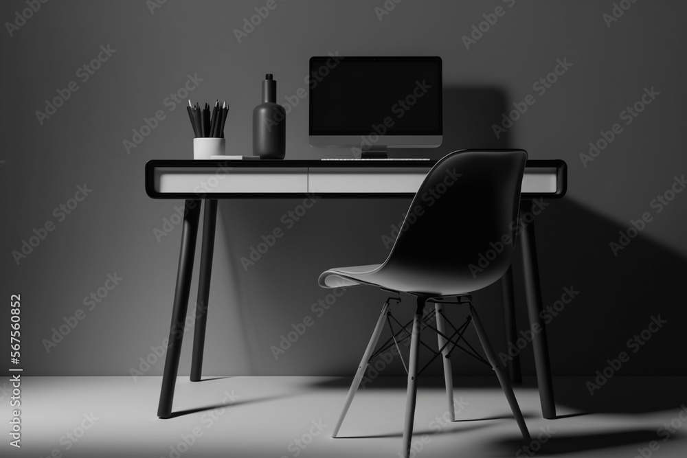 Fototapeta premium minimalist black and white desk study background, generative ai