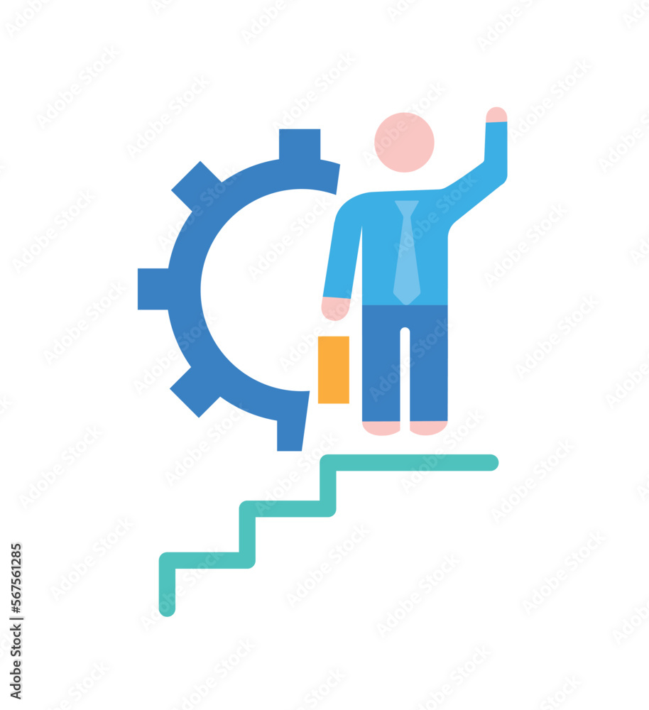 Career growth icon. Man with briefcase at top of stairs stands in front of gear or coghweel. Successful entrepreneur, investor or businessman. Cartoon flat vector illustration Career growth icon. Man with briefcase at top of stairs stands in front of gear or coghweel. Successful entrepreneur, investor or businessman. Cartoon flat vector illustration