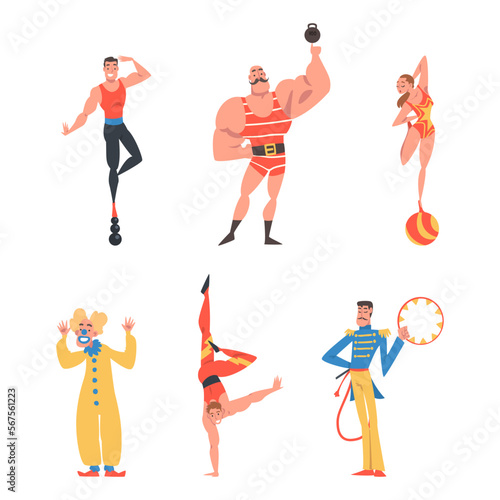 Circus Artist Character with Clown, Strongman, Tamer and Acrobat Performing on Stage or Arena Vector Set