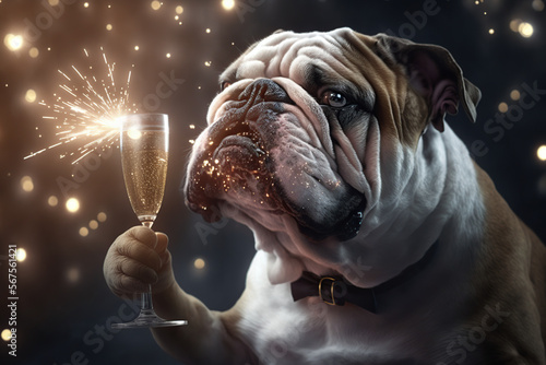Bulldog drinking champagne on New Year's Eve party. Generative AI.
