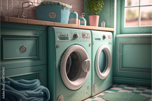 Home laundry room interior retro style living room close up. generative ai