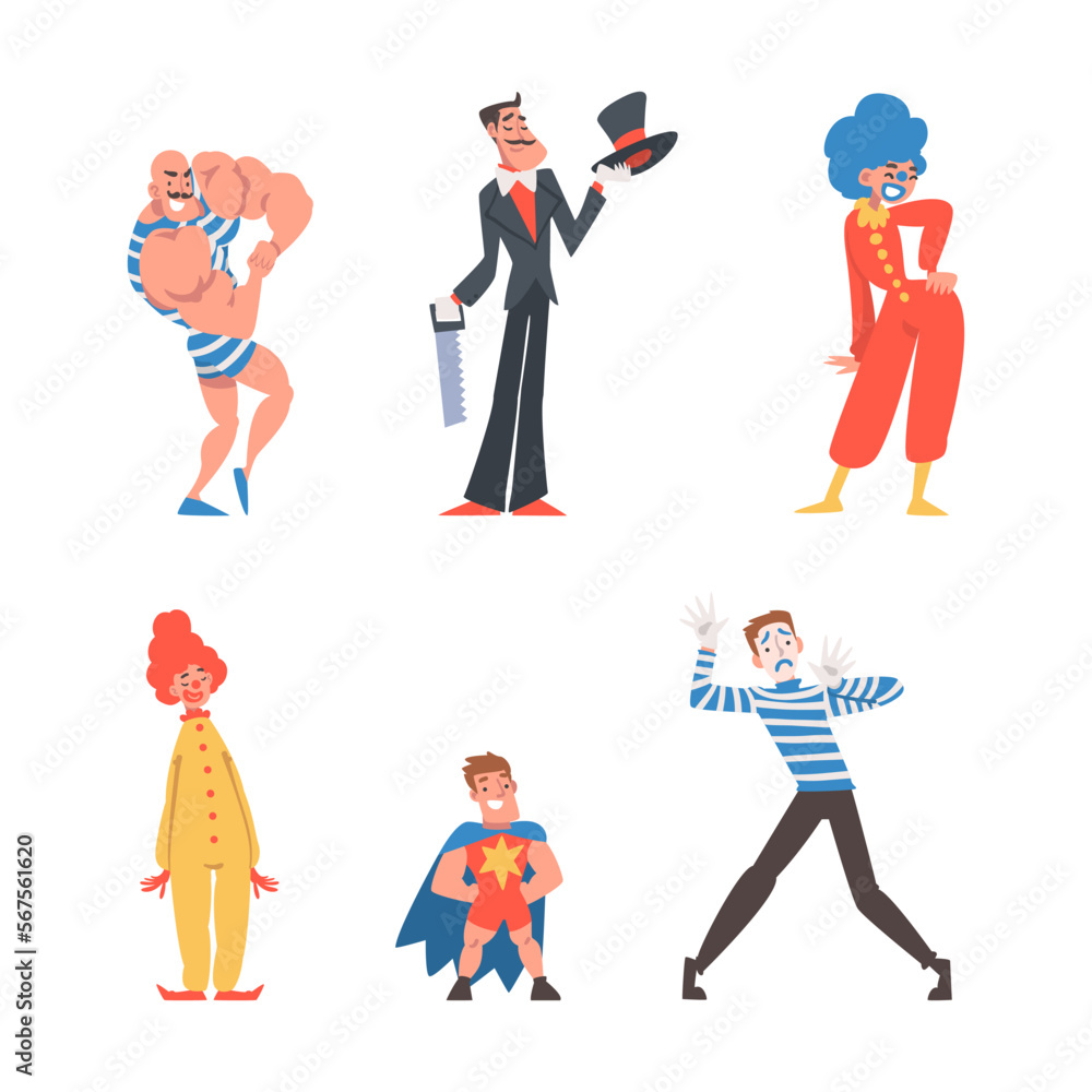 Circus Artist Character with Clown, Strongman, and Magician with Saw Performing on Stage or Arena Vector Set Circus Artist Character with Clown, Strongman, and Magician with Saw Performing on Stage or Arena Vector Set