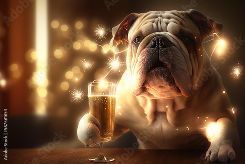 Bulldog drinking champagne on New Year's Eve party. Generative AI.