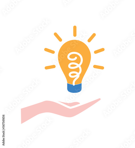 Hand with lightbulb icon. Idea and insight, creative personality. Innovation and development of company, successful start up or business project. Poster or banner. Cartoon flat vector illustration