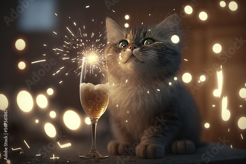 Cat drinking champagne on New Year's Eve party. Generative AI.