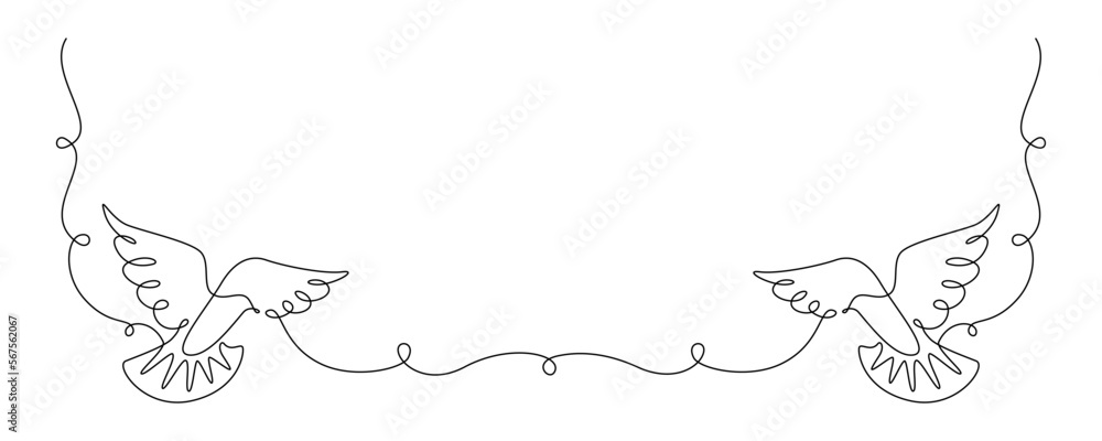 One continuous line drawing of flying dove. Bird symbol of peace and freedom in simple linear style. Romantic and love wedding concept. Editable stroke. Outline vector illustration One continuous line drawing of flying dove. Bird symbol of peace and freedom in simple linear style. Romantic and love wedding concept. Editable stroke. Outline vector illustration