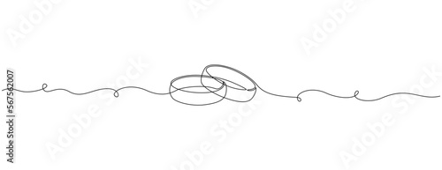 One continuous line drawing of Wedding rings. Romantic elegance concept and symbol proposal engagement and love marriage invitation in simple linear style. Editable stroke. Doodle vector illustration