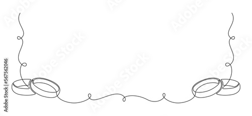 One continuous line drawing of Wedding rings. Romantic elegance invitation design and symbol proposal engagement and love marriage in simple linear style. Editable stroke. Doodle vector illustration