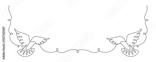 One continuous line drawing of flying dove. Bird symbol of peace and freedom in simple linear style. Romantic and love wedding concept. Editable stroke. Outline vector illustration