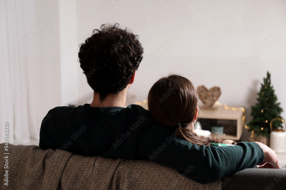 Couple watching movie via video projector at home, back view Couple watching movie via video projector at home, back view