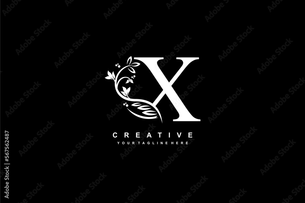letter X logo design with flowers, leaves and feathers in a beautiful and elegant style