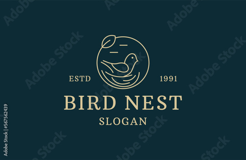 minimal bird nest icon logo line illustration with leaf symbol, bird symbol logo Vector
