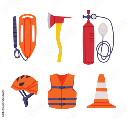 Emergency Equipment with Helmet, Jacket, Gas Cylinder, Axe, Cone and Life Float Vector Set