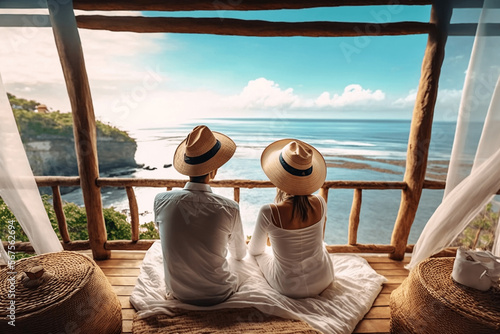 Tela Couple with straw hats chilling enjoying beautiful views over the ocean, paradis