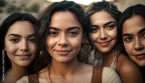 group of beautiful attractive Hispanic young women looking at the camera. Generative AI