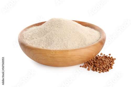 Bowl of buckwheat flour on white background