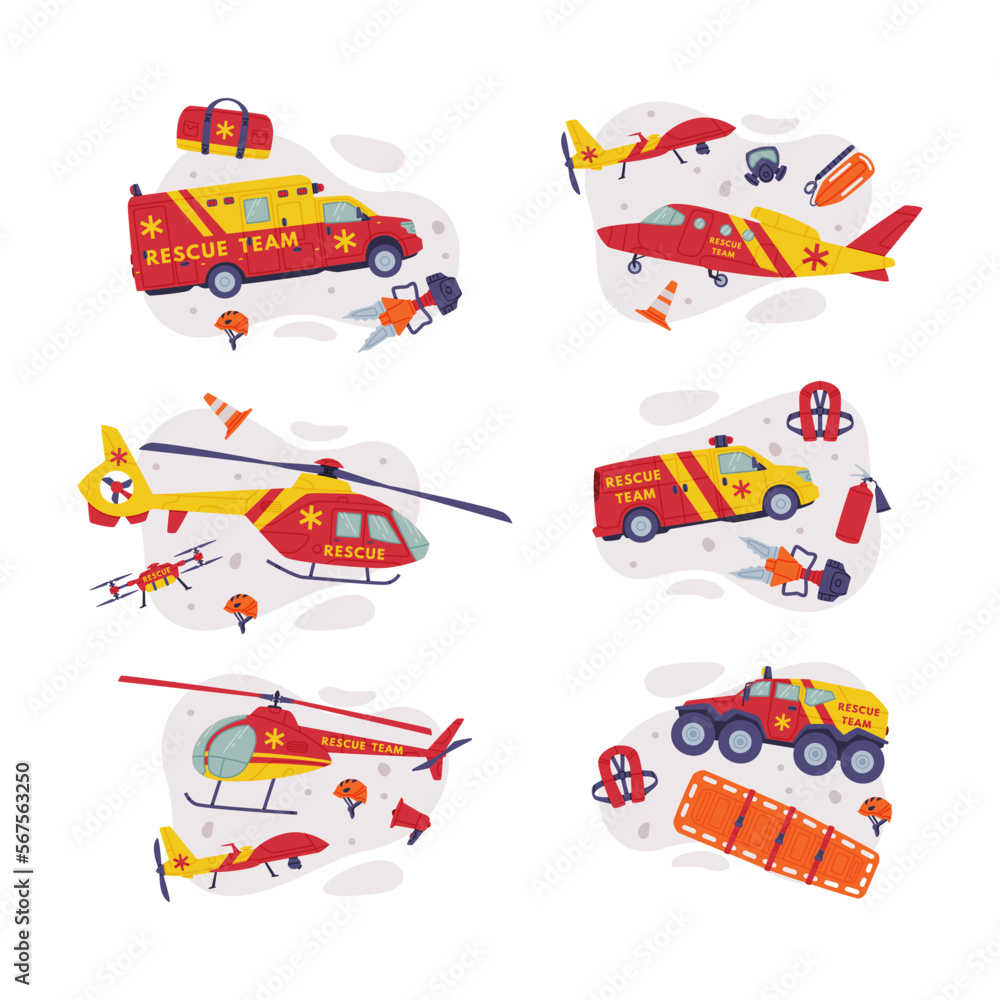 Rescue Equipment with Specialized Machine and Emergency Vehicle for Urgent Saving of Life Vector Composition Set Rescue Equipment with Specialized Machine and Emergency Vehicle for Urgent Saving of Life Vector Composition Set