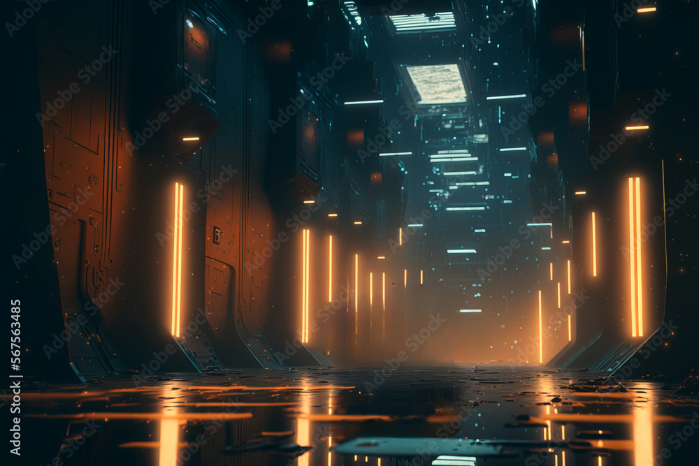 Obraz premium Science fiction space scene sci-fi_render spaceship with neon lights background created with a generative AI technology