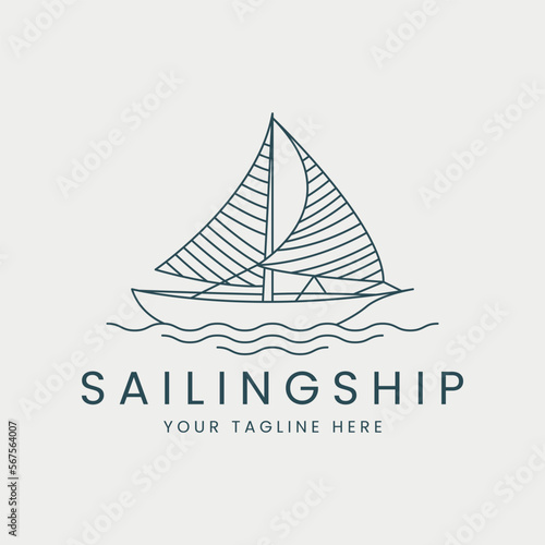 sailing ship line art logo vector template illustration design. sailboat and sea concept business